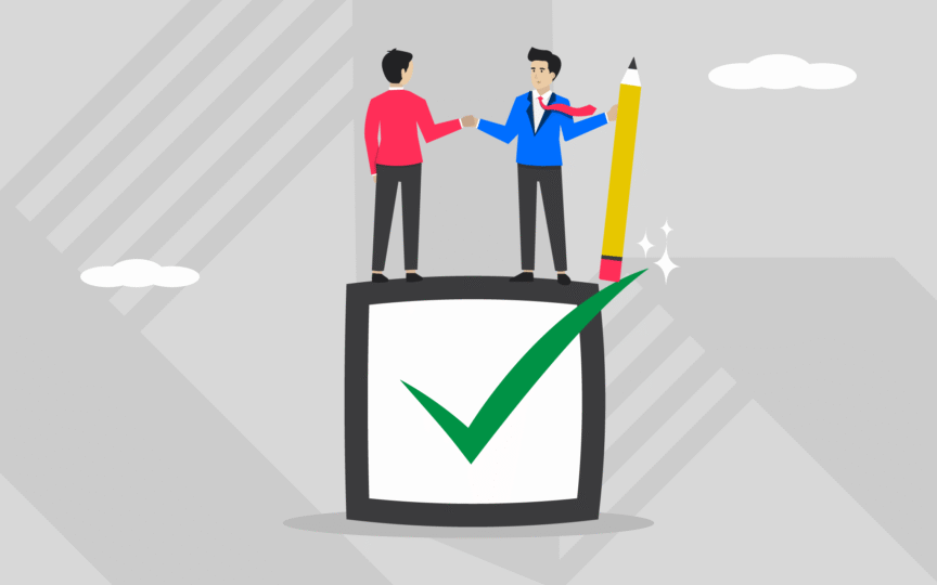 Two people shaking hands on a large green checkmark, symbolizing agreement and alignment on a mission statement, with a giant pencil and abstract background elements.