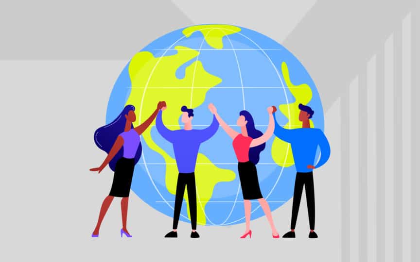 Diverse team members standing in front of a globe with joined hands, illustrating global brand alignment and collaborative guardrails.