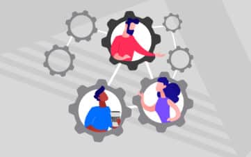 Illustrative flat design of three people inside connected gears, symbolizing multi-site brand consistency and operational alignment.