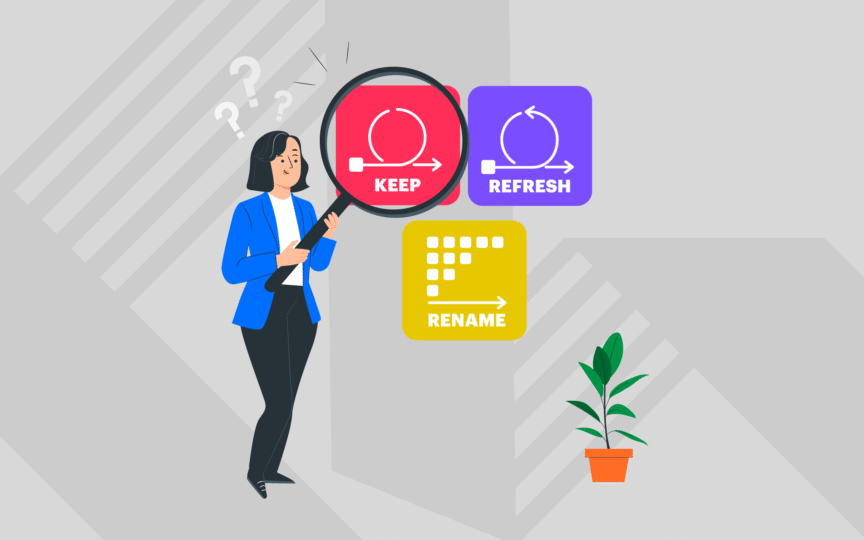 llustration of a woman holding a magnifying glass and looking at three naming options icluding KEEP, REFRESH, and RENAME symbolizing strategic choices in brand naming decisions.