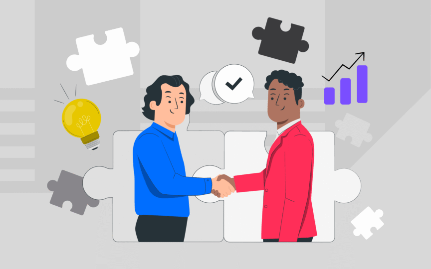 Illustration of two business professionals shaking hands in front of puzzle pieces, symbolizing collaboration, merger decisions, and brand integration.