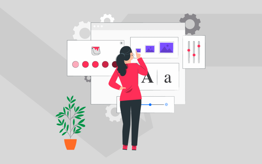 Illustration of a woman analyzing design elements like colors, fonts, and images, representing when to completely rename a brand.