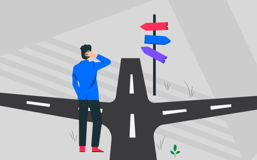 Person standing at a crossroads with signposts pointing in different directions, symbolizing the decision to keep or change a company name after a merger.
