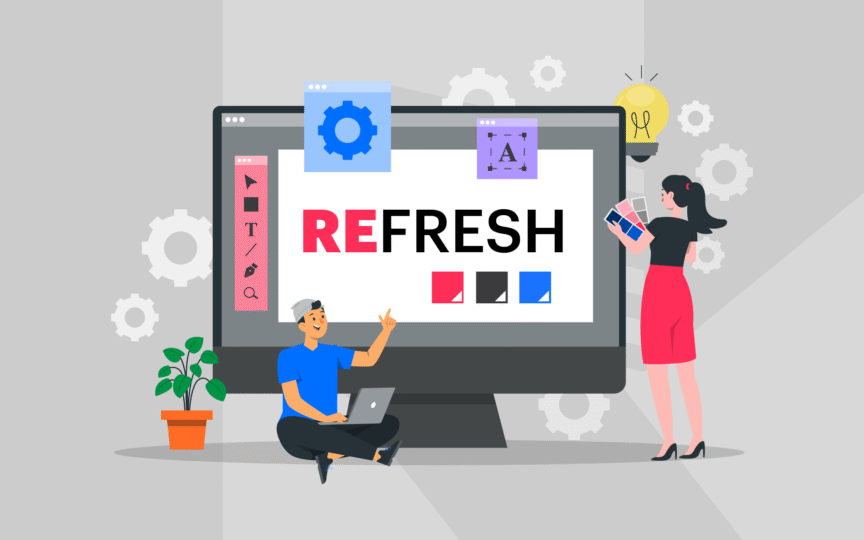 llustration of two people working on a digital screen with the word “Refresh,” representing when to refresh a brand name.