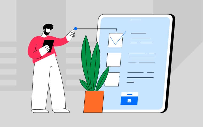 Illustration of a person pointing at a digital checklist on a screen.