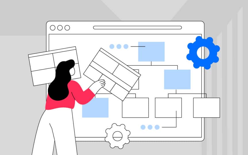 Illustration of a person arranging blocks on a flowchart, representing a minimum viable structure for online brand guidelines.