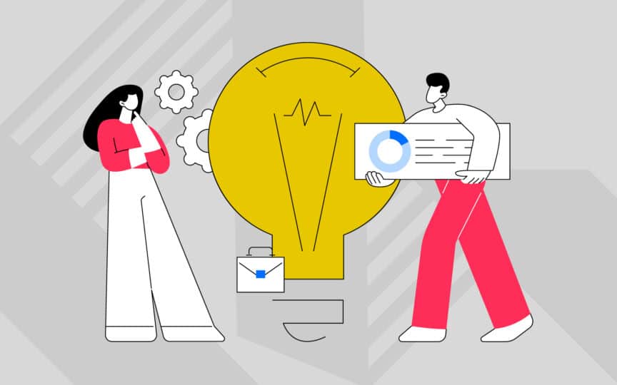 Illustration of teams analysing ideas and data around a large lightbulb