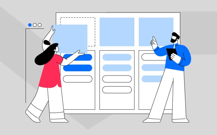 Illustration of a team assembling modular interface blocks, representing task-focused online brand guidelines that help teams work efficiently.