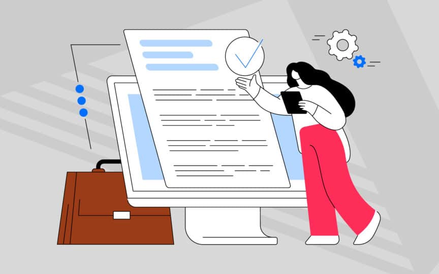 Illustration of a person reviewing and updating online brand guidelines, representing lightweight governance and ongoing brand maintenance.