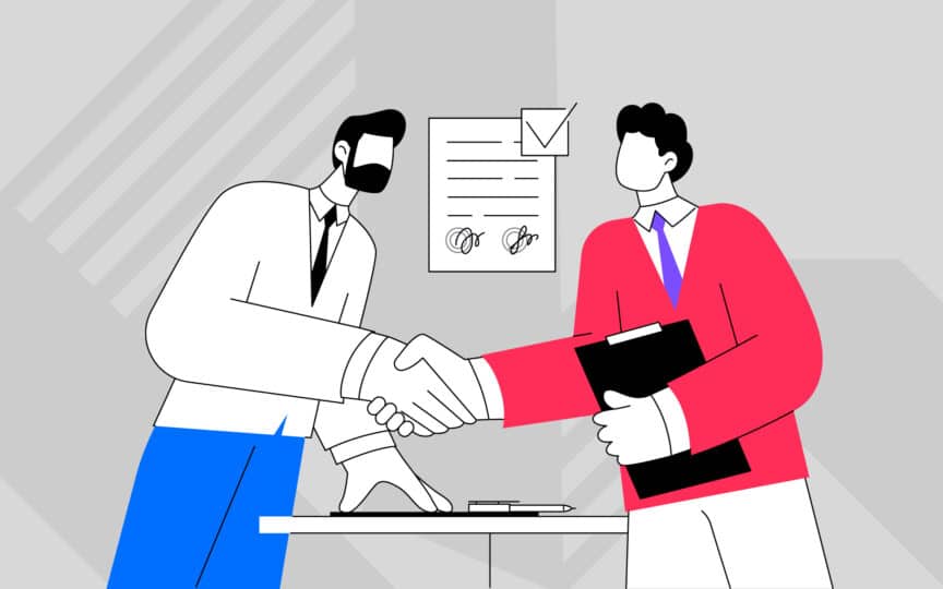 Illustration of two people showing leadership handshake that symbolises clarity, commitment and unified strategic direction.