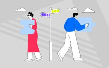 Illustration of two people carrying puzzle pieces in opposite directions, symbolising the challenge of aligning brands after a merger.