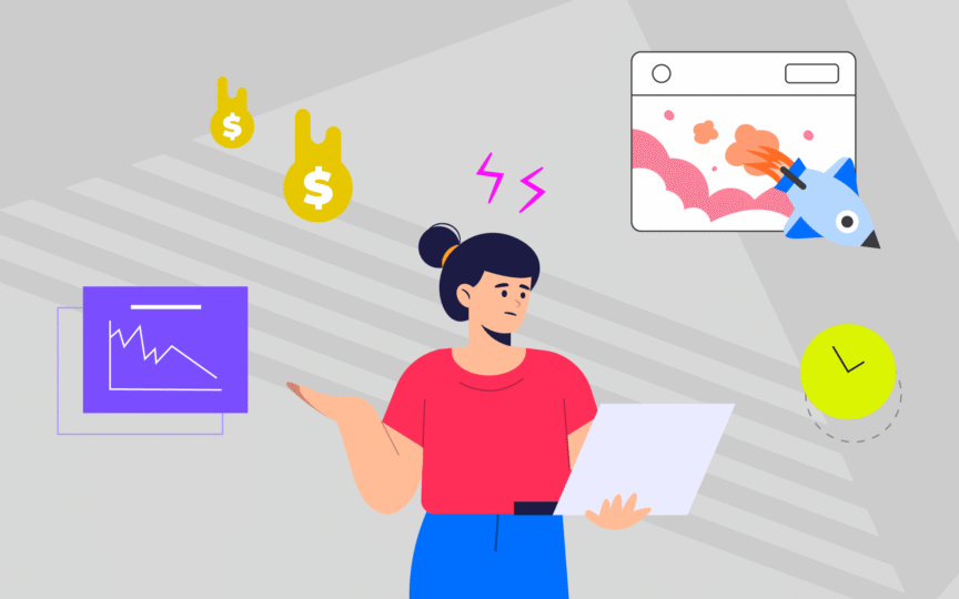 A frustrated woman holding a laptop surrounded by falling dollar symbols, a declining graph, a rocket graphic, and a clock, symbolizing the warning signs and causes of brand purpose fatigue.