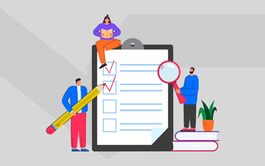 People reviewing a large checklist with a pencil and magnifying glass, symbolizing a proof-first approach to brand purpose through measurable progress.