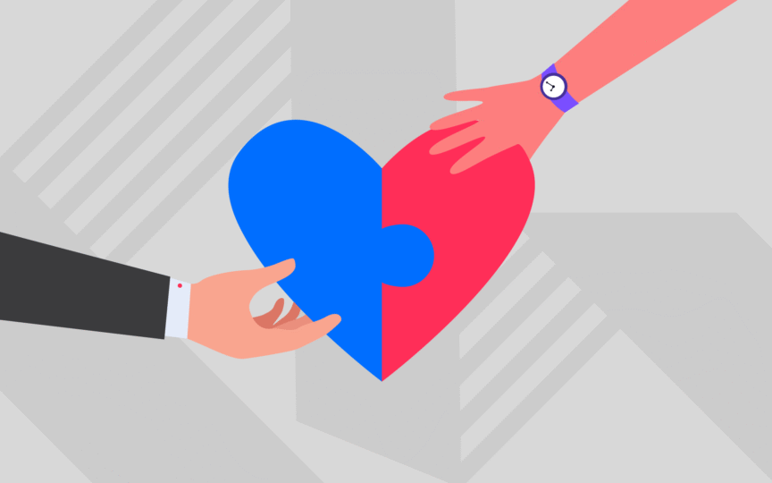 Two hands connecting puzzle pieces that form a heart, representing the balance between brand purpose and genuine operational commitment.