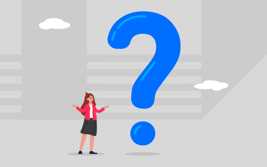 **Alt Text:**
Illustration of a woman standing beside a large question mark, symbolizing curiosity or uncertainty, representing the concept of FAQs and questioning authenticity in purpose-driven marketing.
