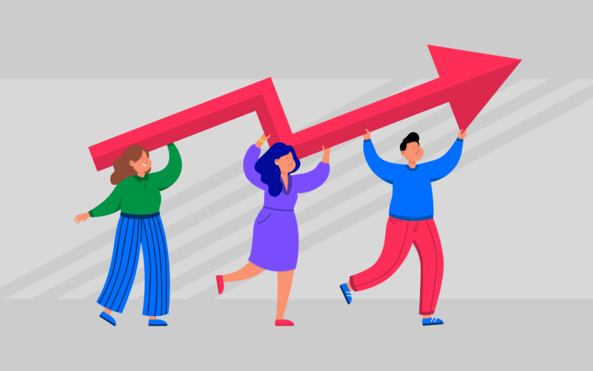 **Alt Text:**
Illustration of three people carrying a large upward-pointing red arrow, symbolizing teamwork, progress, and growth. The image represents the idea that purpose fatigue fades when brands demonstrate measurable progress and real impact.