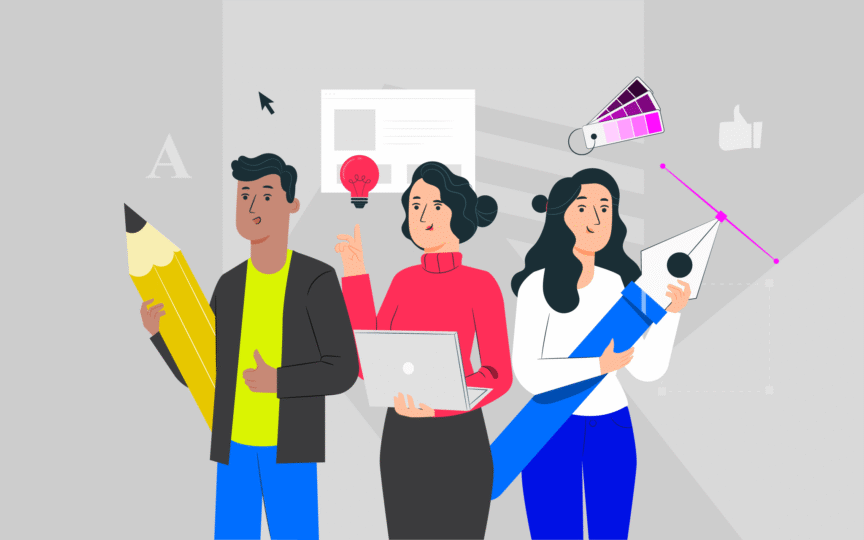 Illustration of three designers collaborating — one holding a pencil, another with a laptop and idea bulb, and the third with a pen tool.