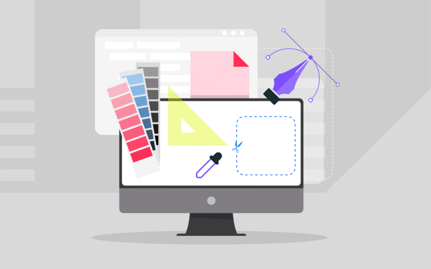 Illustration of a computer screen displaying design tools like color swatches, a pen tool, ruler, and eyedropper, symbolizing the integration of design systems into the branding process.