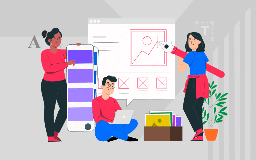 Three designers collaborating on digital and visual branding projects.