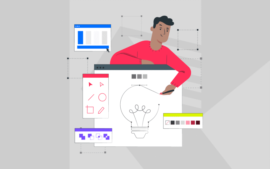 Designer creating a lightbulb illustration on a digital interface, symbolizing strategic creativity and problem-solving in brand design.