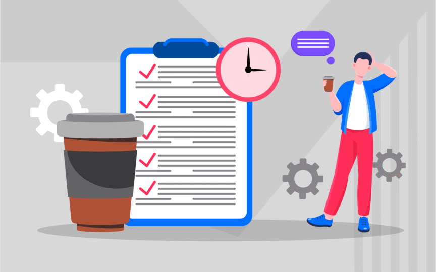 Illustration of a person holding a coffee cup and looking at a checklist on a clipboard with red checkmarks, a clock, and gears in the background.