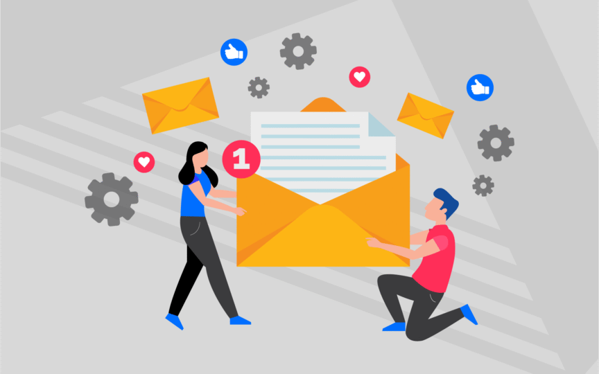 Illustration of two people exchanging a large yellow envelope with a letter inside, surrounded by icons for likes, hearts, and gears, representing engaging and effective communication through tone of voice.