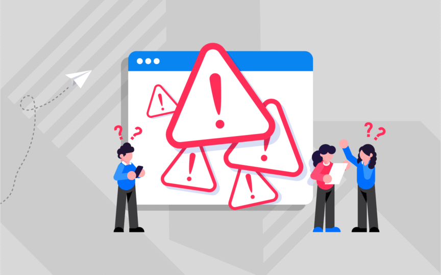 Illustration of people looking confused in front of a screen filled with red warning symbols, representing the pitfalls and warning signs of a dull or ineffective tone of voice.