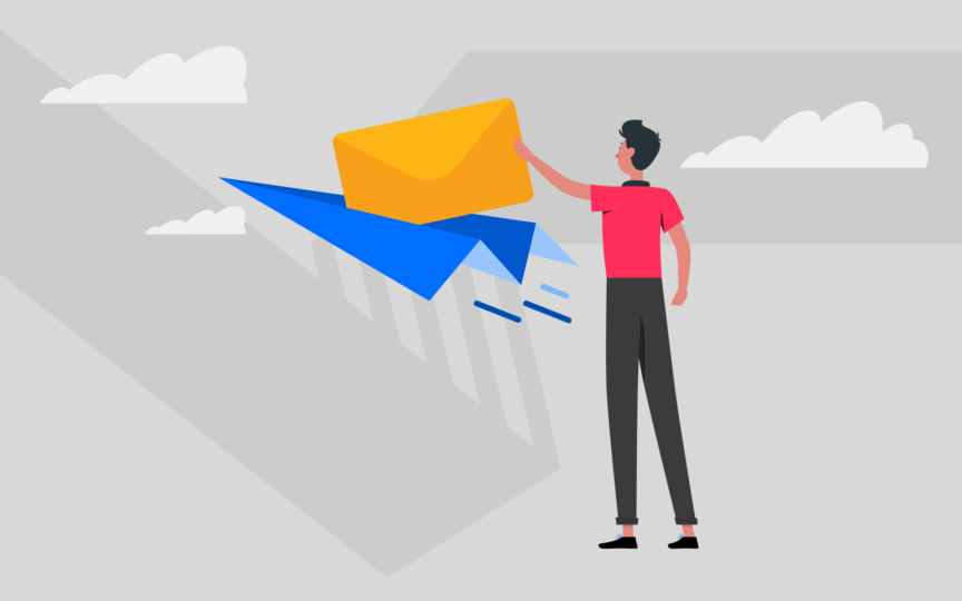 Illustration of a person launching a large envelope on a blue paper airplane, symbolising communication, brand messaging, and moving forward.