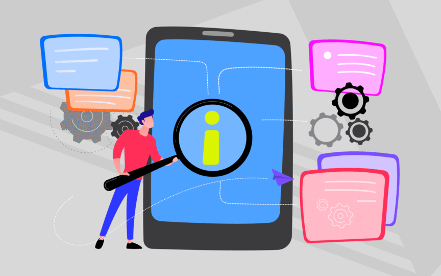 Man with large spyglass examining identity on large screen.