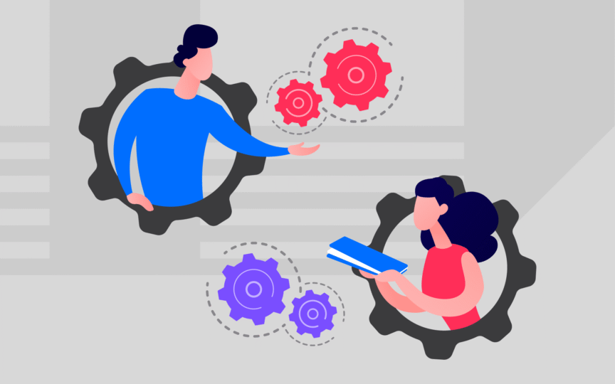 Two people inside of gears conversing.