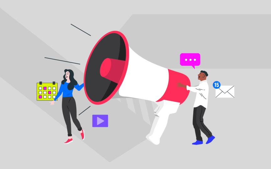 Illustration of man speaking through megaphone.