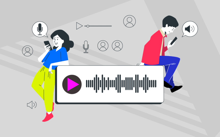 Illustration of two people speaking and listening to sound wave.