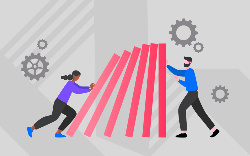 Illustration of people pushing pillars like dominoes.