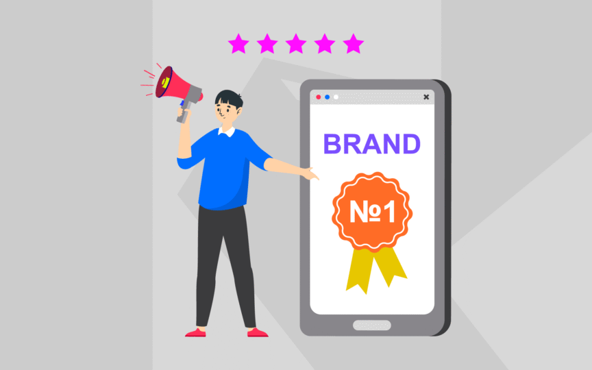 Person with megaphone addressing screen with brand no.1.