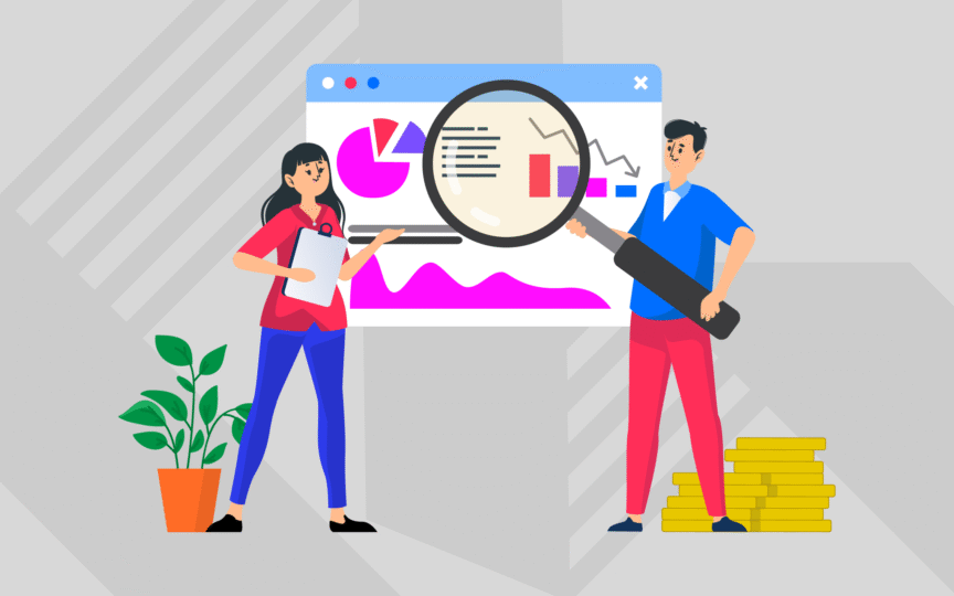 Two people looking at analytics drop due to visual identity mistakes.