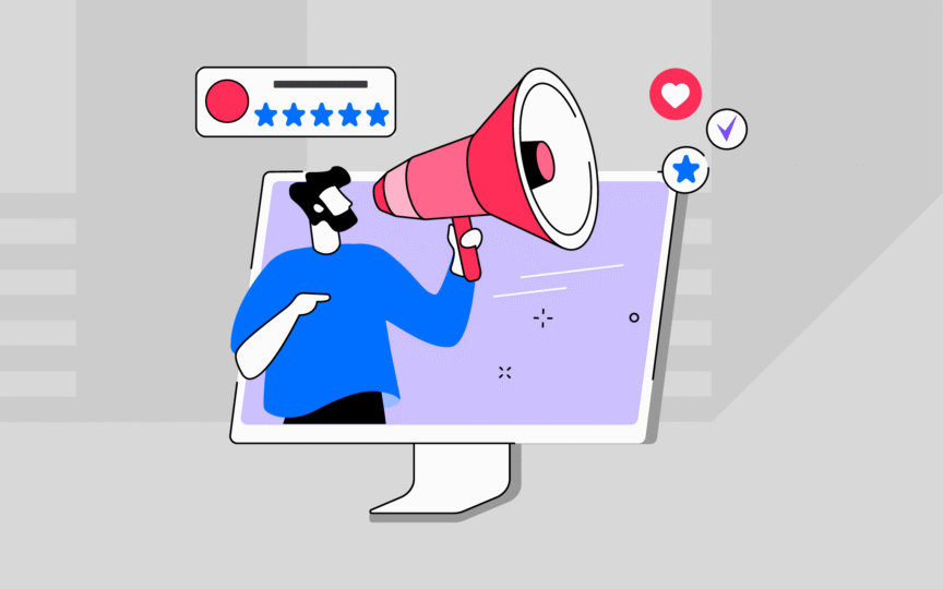 Illustration of a person with a megaphone emerging from a computer screen.