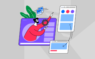 Illustration of a person organising web layouts and design assets, representing how to bring a brand’s visual identity system to life through consistent digital execution.