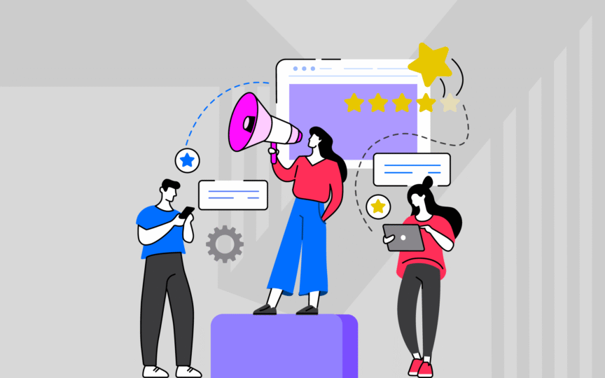 Illustration of a team collaborating around customer reviews and feedback, highlighting why a cohesive visual identity system matters for brand perception and trust.