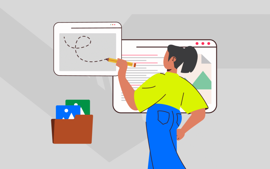 Illustration of a designer sketching creative ideas on a digital interface with open brand assets folder