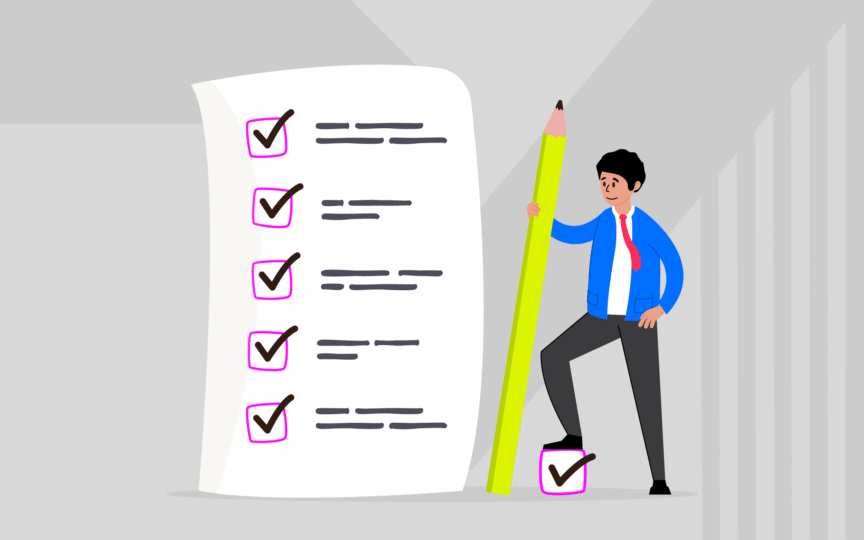 Illustration of a person holding a huge pen beside a checklist, highlighting what to include in brand guidelines.