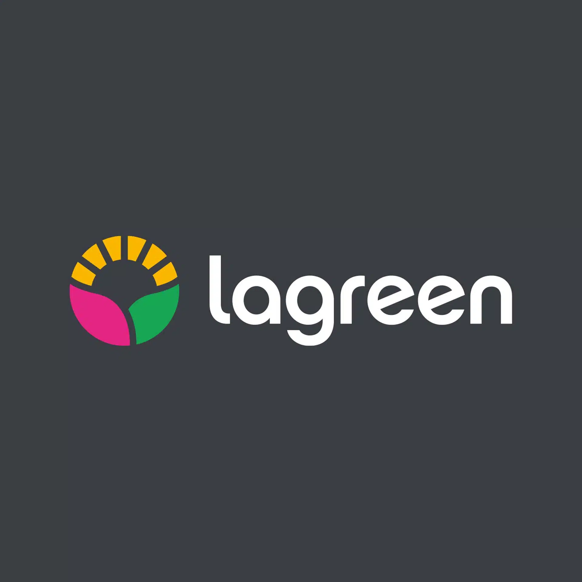 LaGreen — white logo and wordmark with a colourful circular icon on a dark grey background.