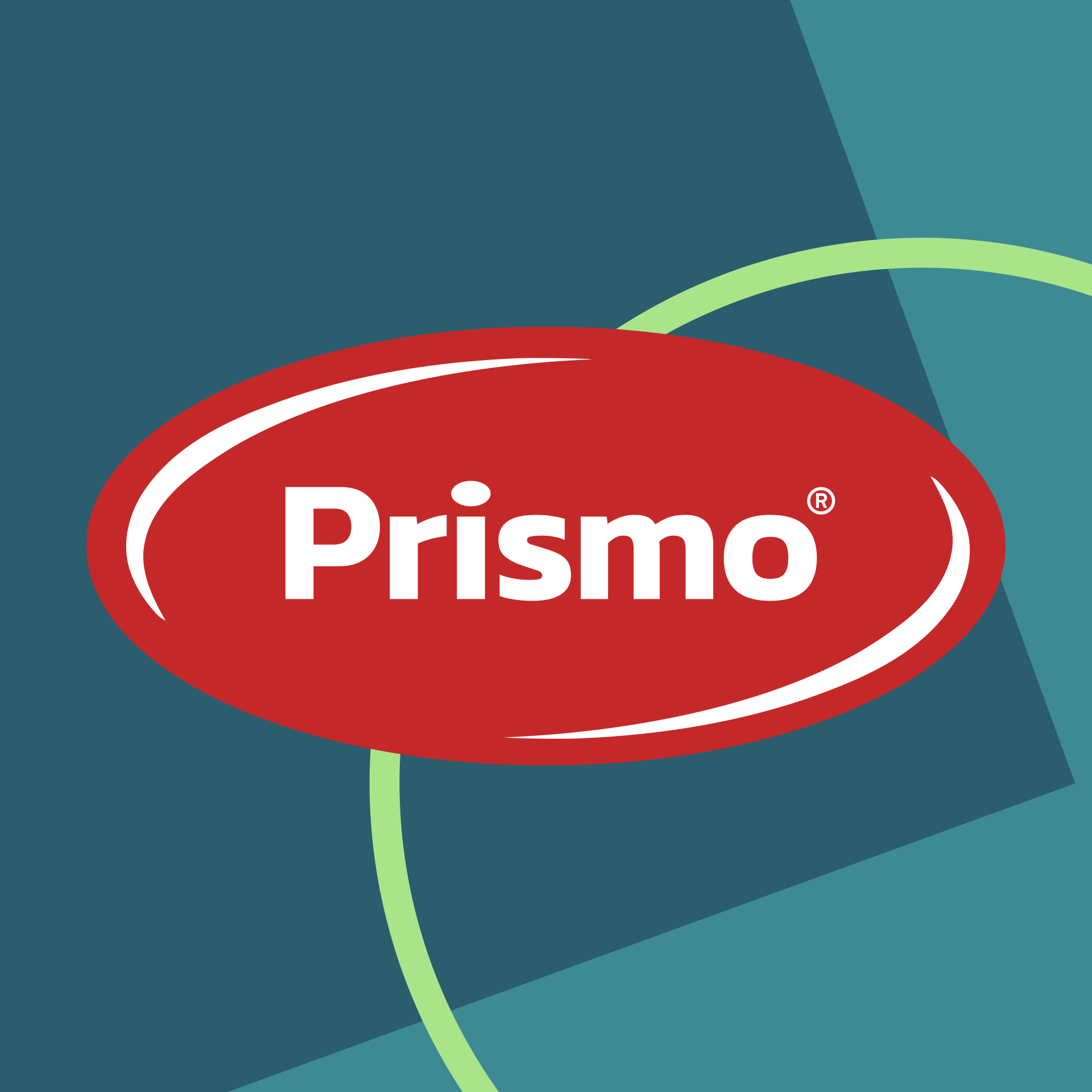 Prismo logo on a teal geometric background with a green circular line.