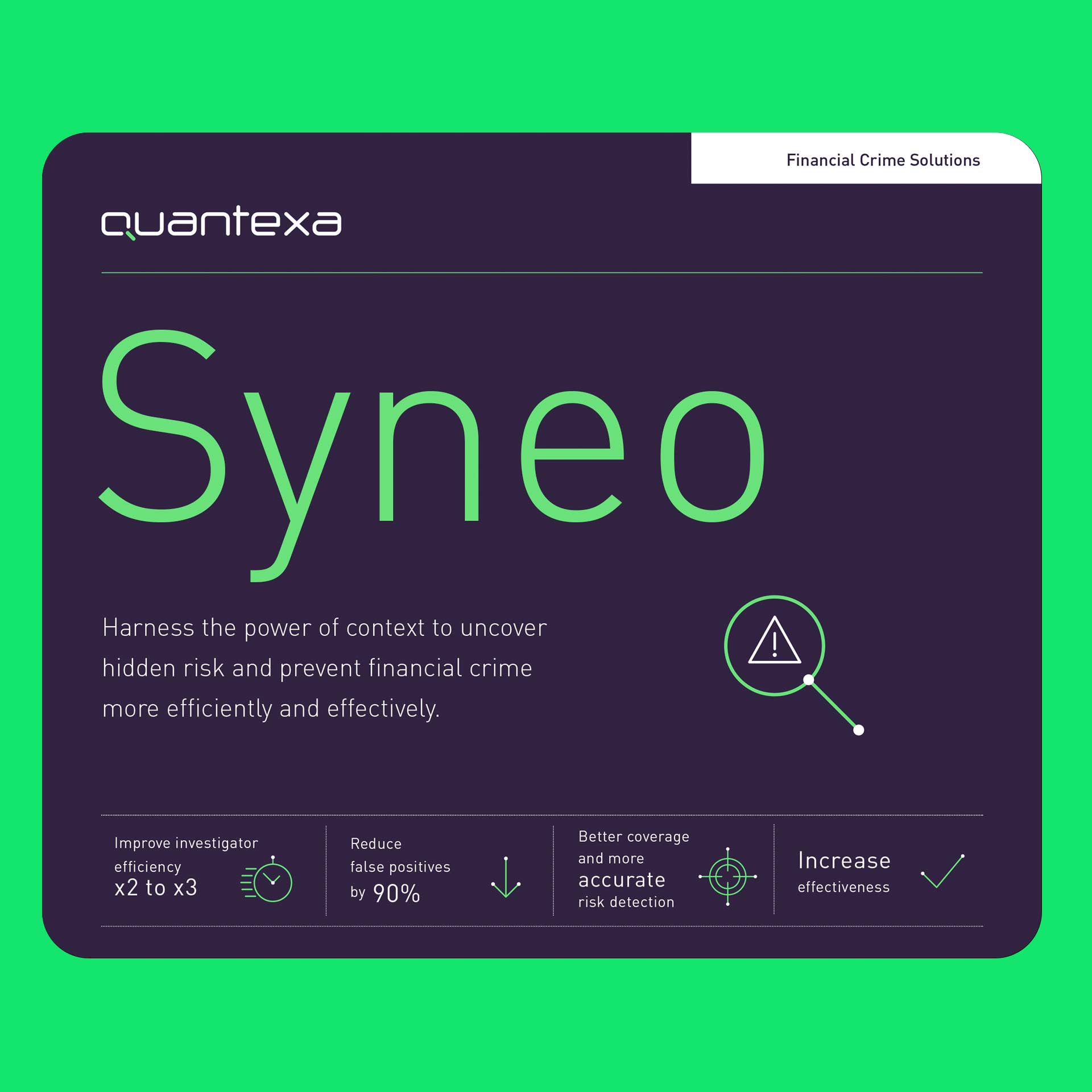 Quantexa Syneo financial crime solutions graphic highlighting risk detection and investigation efficiency.