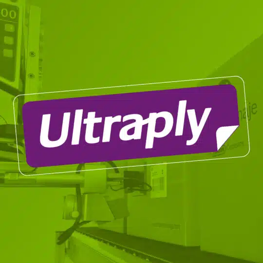Ultraply — white “Ultraply” logo on a purple label over a green construction-themed background.